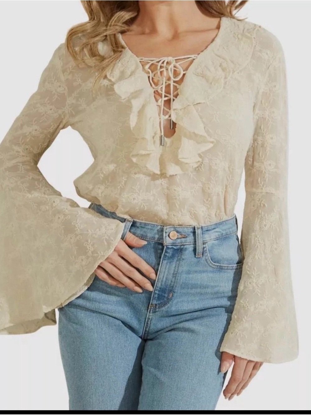 NWT GUESS  Silvana Bell-Sleeve Lace-Up-Neck Top